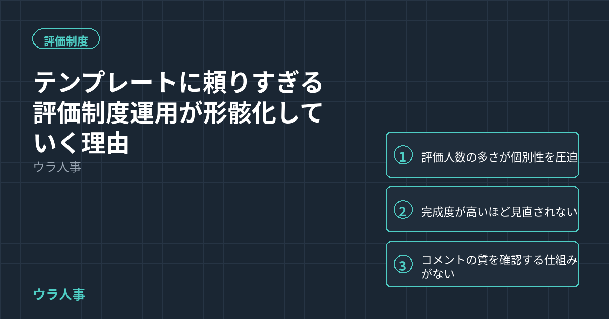 テンプレートに頼りすぎる評価制度運用が形骸化していく3つの理由を示すアイキャッチ画像